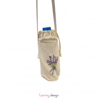 Beige water bottle bag embroidered with lavender flowers